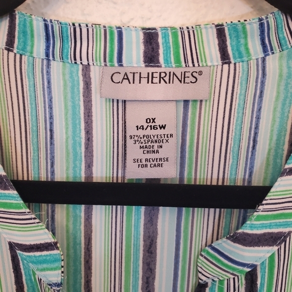 Catherines 0X Stretchy Stripe Button Down Short Sleeve Summer Blouse - Picture 3 of 9